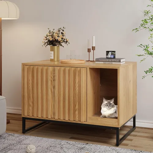 Vista 12 de Halitaa Caja de Arena para Gatos, Mueble Moderno de Caja de Arena para Gatos Caja de Arena Oculta con Almohadilla para Rascar, Mesa Auxiliar Casa