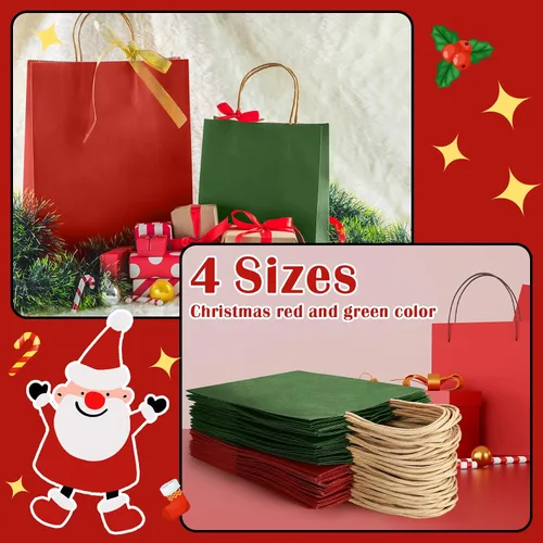 Vista 3 de Tenceur 100 bolsas de regalo de Navidad rojas y verdes, bolsas de papel kraft con asas, regalo de vacaciones para boda, baby shower, despedida
