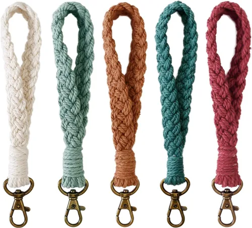 Vista 5 de Llavero de macramé bohemio hecho a mano con borla para mujer, llavero con llavero A_café