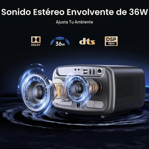 Vista 2 de Proyector inteligente 4K con WiFi 6 y Bluetooth 5.3, 6D Keystone Proyector de cine al aire libre con Netflix y 36W Dolby Audio Plus HDR10+ techo