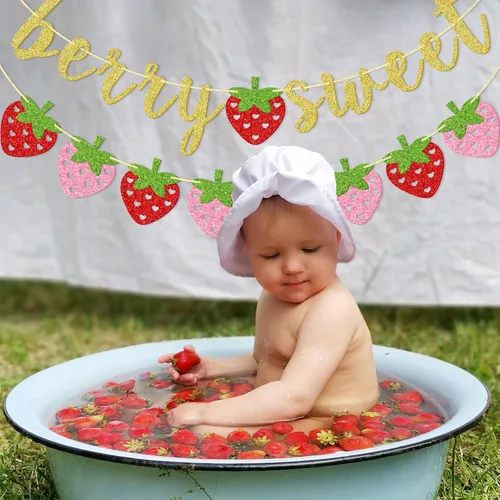 Vista 7 de Banner dulce de fresa y bayas, decoraciones de fiesta de fresa Suministros de fiesta temática de bayas de verano con purpurina dorada para baby