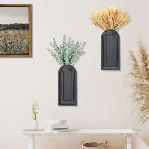 Vista 4 de Dnnnii Juego de 2 jarrones de pared de madera, acabado negro, decoración de pared moderna de granja y bohemio para entrada, pasillo, baño, sala