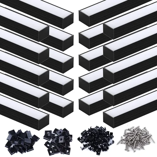 Vista 19 de Muzata Paquete de 10 unidades de 6.6 pies/6.6 ft con sistema de canal LED negro en forma de U con cubierta de difusor blanco lechoso esmerilado
