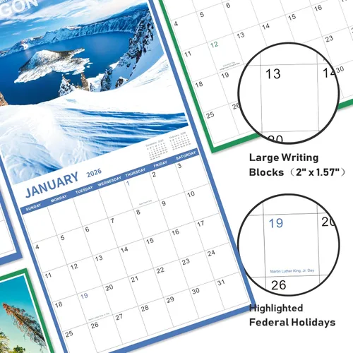 Vista 4 de Calendario 2026, calendario mensual de pared cuadrado 2026 con papel grueso, enero 2026 a diciembre 2026, 12 x 24 pulgadas (abierto), calendario