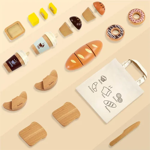 Vista 2 de PairPear - Juego de juguetes de panadería de madera, accesorios de cocina de alimentos de simulación para niños con bolsa de compras, juguetes