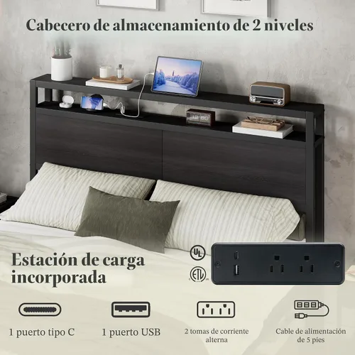 Vista 3 de AMERLIFE Base de cama tamaño Queen con cabecera de almacenamiento y estación de carga, cama de plataforma de metal industrial con gran Negro