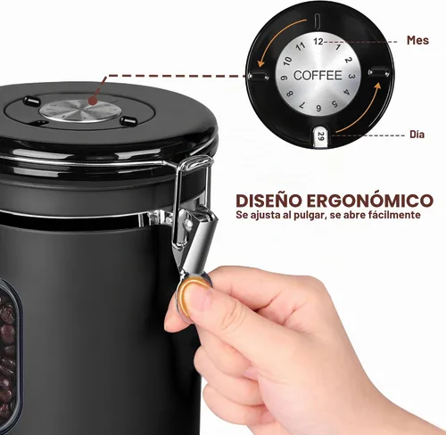 Vista 4 de Recipiente de café hermético de 50.7 fl oz con rastreador de fecha y ventana transparente, almacenamiento de granos de café de 18 onzas fluidas