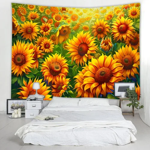 Vista 18 de WODEJIAFANG Tapiz estético de tela para pared, tapiz decorativo de girasol, fondo de oficina, divisor de habitación para dormitorio, jardín al aire