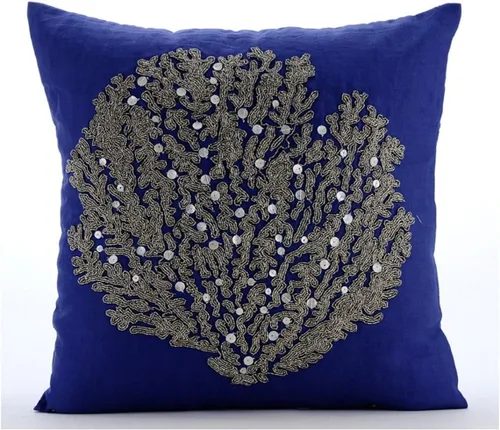 Vista 31 de The HomeCentric Funda de cojín para sofá, 12 x 12 pulgadas, funda de almohada decorativa cuadrada de lino azul claro con zardozi y cuentas bordadas
