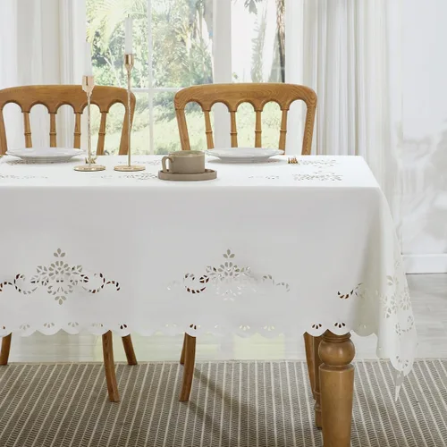 Vista 17 de Wracra Mantel redondo de macramé impermeable, estilo lino de granja, resistente a las arrugas, lavable, para interiores y exteriores