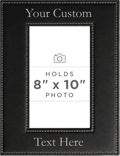 Vista 10 de Marco de fotos de piel sintética de cuero sintético grabado para añadir tu texto personalizado para colgar o en la mesa, marco de fotos familiares