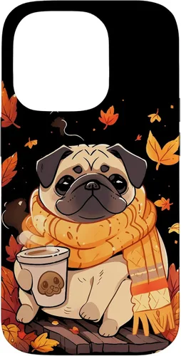 Vista 17 de Pug - Carcasa Kawaii para iPhone 17, diseño de hojas de otoño y calabaza