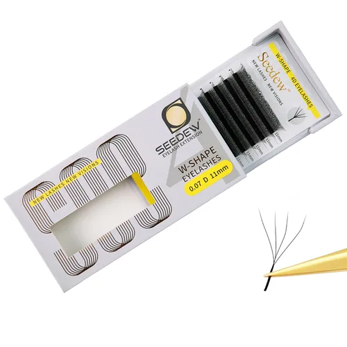 Vista 79 de Extensiones de pestañas 3D, rizo LU/M de 0.003 in, MIX8-0.591 in, 12 filas por bandeja, tallo plano en forma de W, injerto de pestañas natural PBT