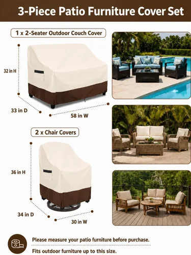 Vista 2 de Juego de fundas para muebles de patio de 3 piezas, 2 fundas para sillas de patio de 33 pulgadas y 1 funda de sofá de 3 plazas de 79 pulgadas