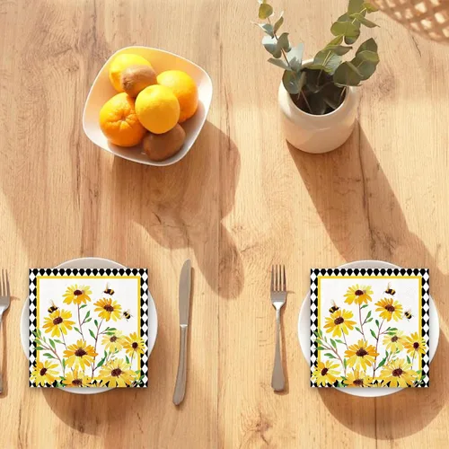 Vista 7 de JarThenaAMCS 80 servilletas de almuerzo con girasol, abejas florales, desechables, servilletas de papel decorativas a cuadros de diamantes