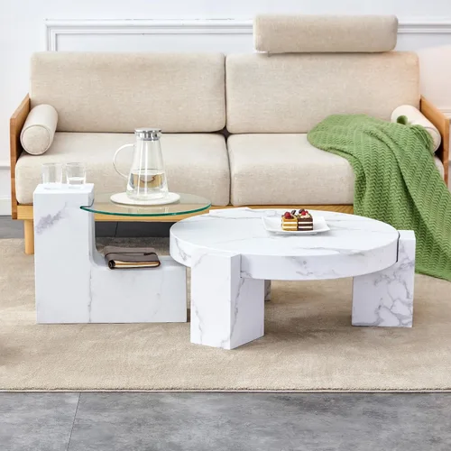 Vista 9 de Moderna mesa de centro redonda anidable, 2 en 1, juego de mesa central pequeña desmontable con mesa de MDF para sala de estar, oficina, decoración
