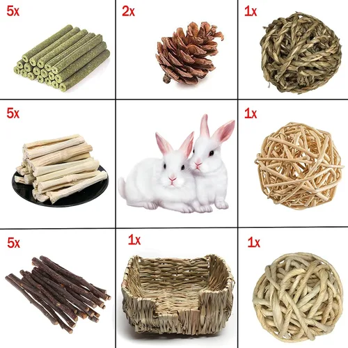 Vista 2 de Hamiledyi Cama de hierba de conejo para conejo, 21 piezas de juguetes masticables de conejo para moler dientes, palo de bambú dulce, bola de hierba