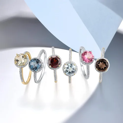Vista 4 de Santuzza Anillo de oro macizo de 10 quilates con piedras preciosas solitarias para mujer