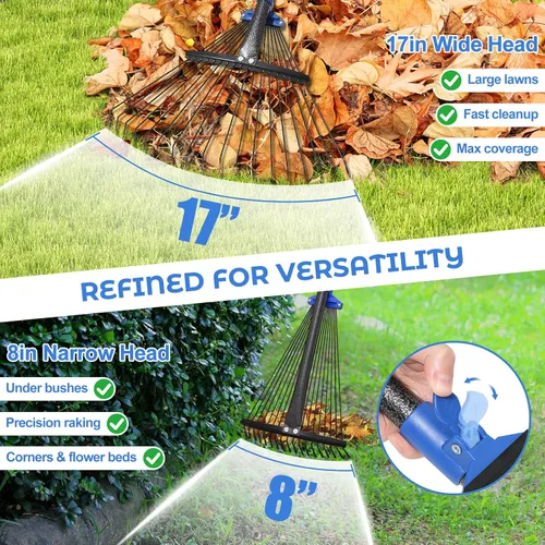 Vista 4 de Rastrillo de jardín ajustable para hojas - Rastrillo de metal resistente con cabeza expandible de 8-17" de largo, mango largo para césped, arbustos