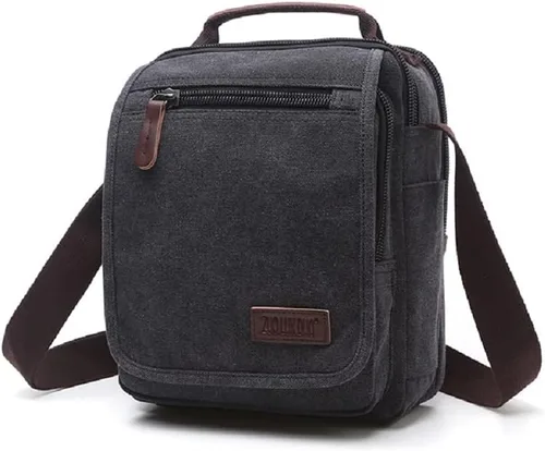 Vista 4 de Bolso bandolera de lona pequeño para el hombro, bolso de viaje, bolso cruzado simple casual para mujeres y hombres, Mejora negro, Clásico, portátil