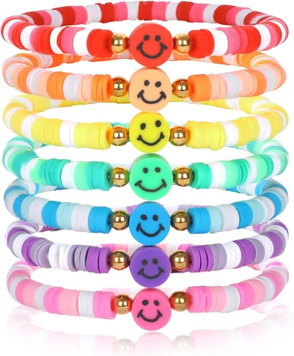 Vista 7 de Juego de pulseras heishi arcoíris estilo surfista para mujer, juego de pulseras apilables de cuentas de arcilla, pulseras elásticas con disco