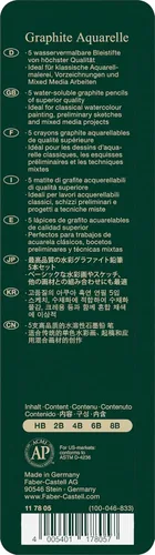 Vista 3 de Faber-Castell 5 lápices de acuarela de grafito solubles en agua de calidad en lata, incluyendo HB, 2B, 4B, 6B y 8B, gris