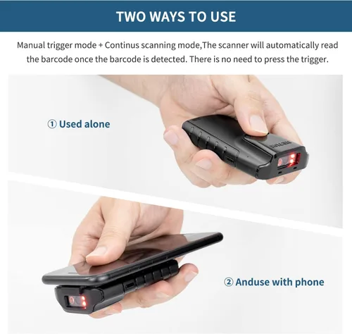 Vista 5 de NETUM Escáner de código de barras Bluetooth 2D, lector de código de barras QR portátil 3 en 1 pequeño con clip trasero