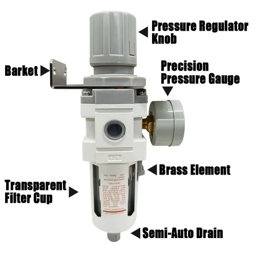 Vista 5 de Regulador de presión de filtro de aire NPT de 1/2 "Separador de agua combinado para línea de compresor de aire, drenaje semiautomático, elemento