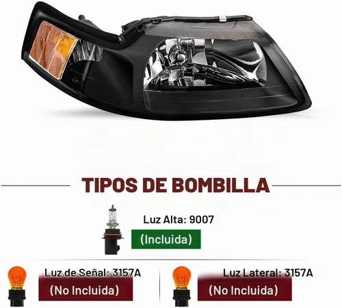 Vista 4 de JSBOYAT Conjunto de faros halógenos estilo OE para Ford Mustang 1999 a 2004 Carcasa negra con reflector ámbar