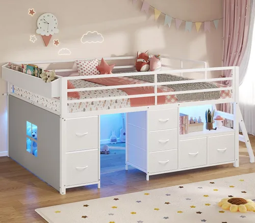 Vista 15 de ADORNEVE Cama baja tipo loft tamaño individual con 7 cajones de almacenamiento, estantería y luces LED, cama alta de metal para niños con barandilla
