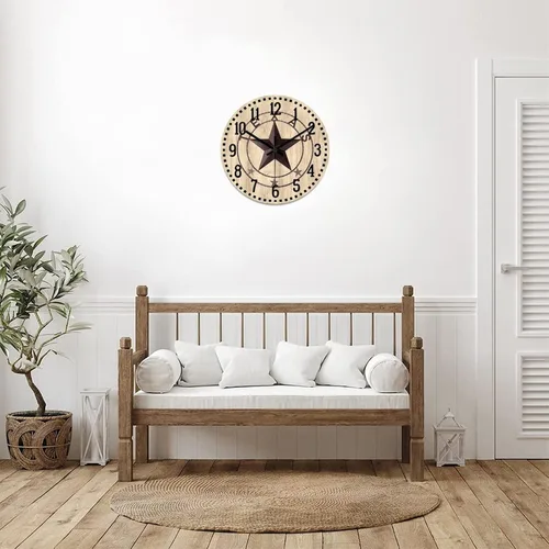 Vista 7 de Reloj de pared clásico de estilo rústico con estrella de Texas occidental, reloj analógico de madera silencioso sin tictac, funciona