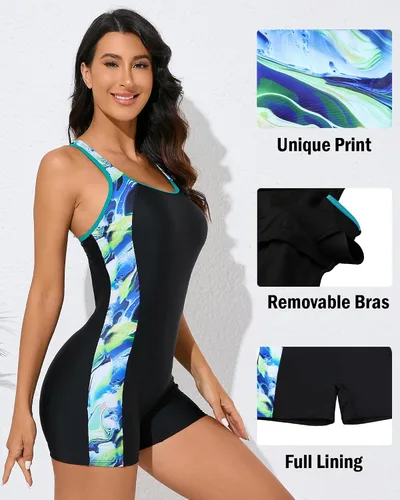 Vista 79 de beautyin - Traje de baño para mujer, traje de baño aeróbico y de competición de una pieza, estilo pantalón corto