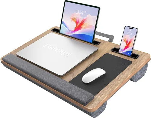 Vista 9 de Potuopy Escritorio de regazo para laptop, bandeja de mesa de cama portátil Marrón Oscuro