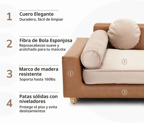 Vista 4 de dCee Sofá cama de lujo para perros, sofá de cuero de lujo de 42 pulgadas para perros grandes, cojín de terciopelo lavable, marco de madera