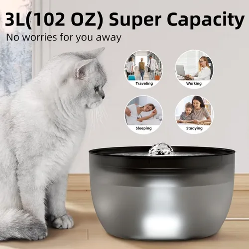 Vista 4 de Casfuy W8 - Fuente de agua silenciosa de acero inoxidable para perros y gatos con luz LED, color negro, 102 onzas
