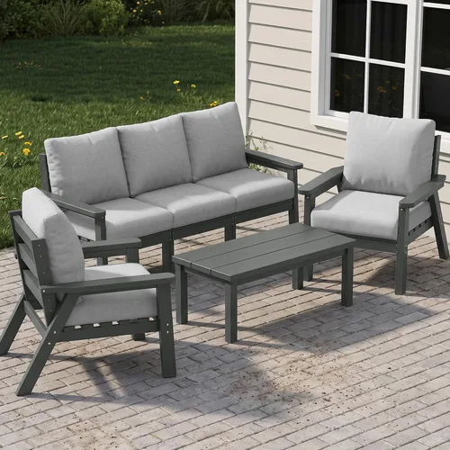 Vista 55 de PLUUV Juego de muebles de patio al aire libre HDPE, 7 piezas, marco negro Marco negro/cojín gris