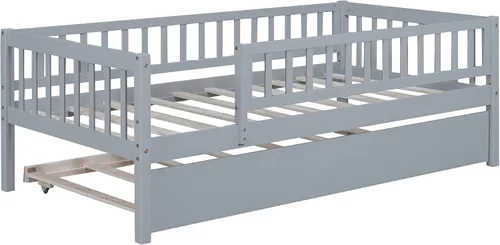 Vista 4 de Cama de plataforma para niños de tamaño individual con valla de seguridad con nido, plataforma multifuncional de madera maciza, marco de cama
