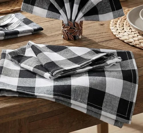 Vista 5 de Servilletas de tela reutilizables para cena en negro y blanco, juego de 12 servilletas de tela de algodón a cuadros de gingam de 16x16 pulgadas