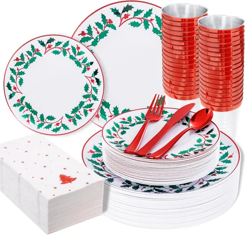 Vista 12 de WDF 175 piezas de platos de Navidad de plástico desechables - 25 platos verdes, 25 platos rojos con campanas doradas, 75 cubiertos de plástico