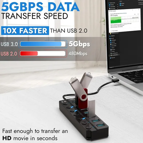 Vista 3 de Hub USB 3.0 – Hub USB 3.0 de 7 puertos con interruptores individuales de encendido/apagado y luces – Cable de 3.2 pies/3.3 ft de largo de alta