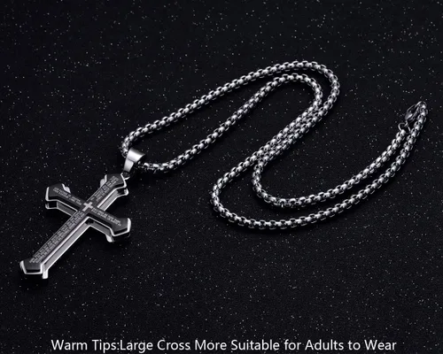 Vista 3 de Rehoboth Collar con colgante de cruz de oración del señor de acero inoxidable para hombre y mujer, colgante grande y cadena fuerte, 24 pulgadas