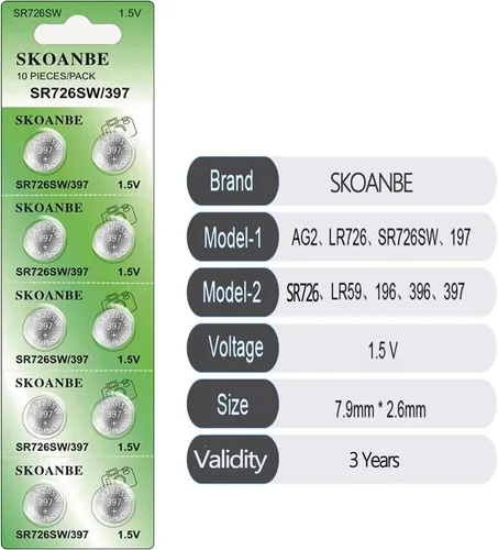 Vista 2 de SKOANBE SR726SW 397 1.5V Batería de reloj de óxido de plata, 10 paquetes