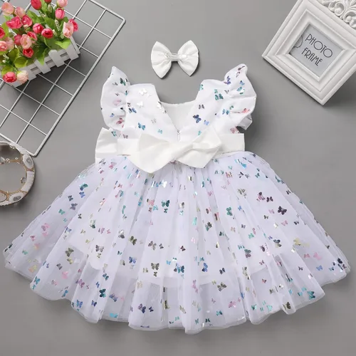 Vista 4 de IDOPIP Vestido tutú de mariposa con lentejuelas para bebé, niña de las flores, primera comunión, boda, fiesta de cumpleaños, vestido con lazo