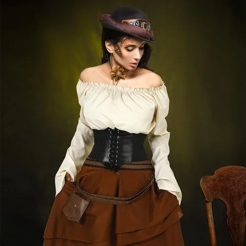 Vista 5 de Newcotte 3 piezas de disfraces renacentistas de Halloween para mujer, falda gótica, falda pirata, pirata, medieval, corsé