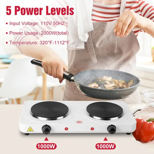 Vista 2 de Encimera eléctrica doble quemador, placa de cocina de 2000 W con placa caliente de hierro fundido, control de temperatura de 5 niveles, fácil