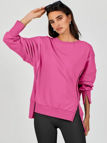 Vista 4 de Caracilia Sudadera de gran tamaño para mujer, cuello redondo, manga larga, sudadera con capucha, ropa de otoño a la moda