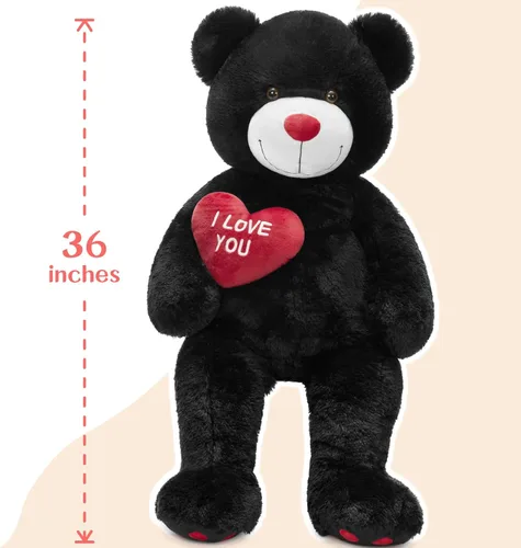 Vista 4 de BENINY Osos de peluche grandes en forma de corazón rojo, osos de peluche negros con bordado "Te quiero" para novia, osos de peluche grandes