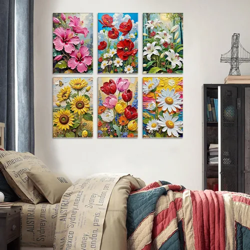 Vista 3 de Paquete de 6 pinturas de flores tropicales por números, para adultos principiantes, girasoles amarillos, pintura acrílica por número, flores