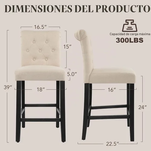 Vista 2 de GOTMINSI Taburetes de tela beige de 24 pulgadas, juego de 2 sillas tapizadas de altura de mostrador con decoración copetuda de estilo ocio