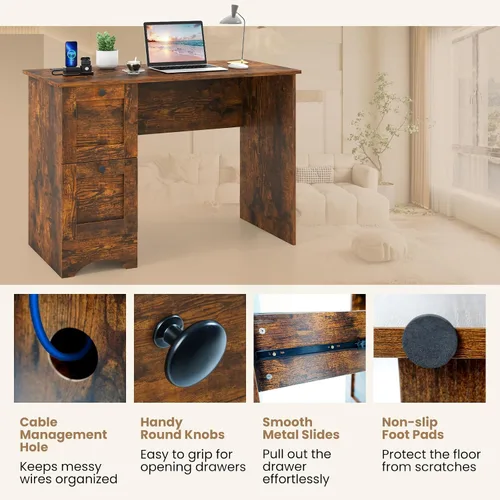 Vista 7 de Tangkula Escritorio para computadora con cajones y estación de carga, escritorio de madera para oficina en casa, escritorio para computadora Marrón
